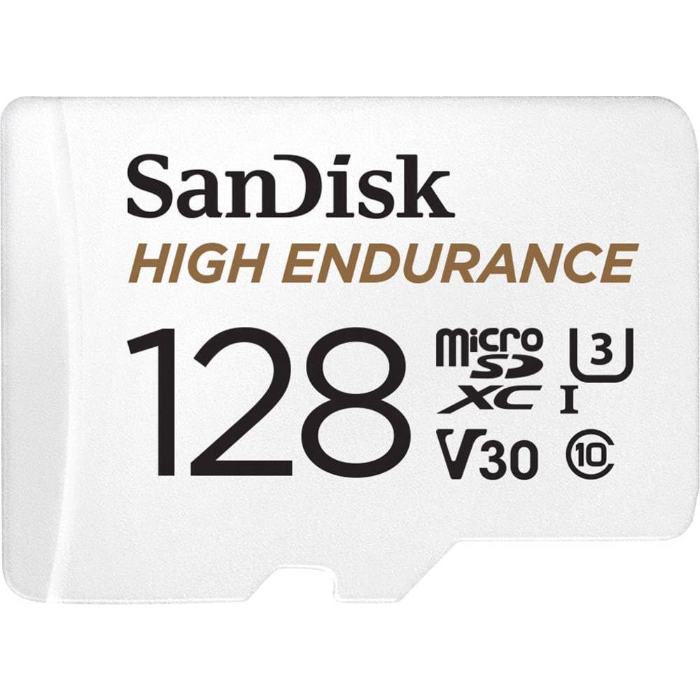 SanDisk 128GB High Endurance microSDXC card for IP cams & dash cams + SD adapter up to 10,000 Hours Full HD / 4K videos up to 100 MB/s UHS-I Class 10 U3 V30