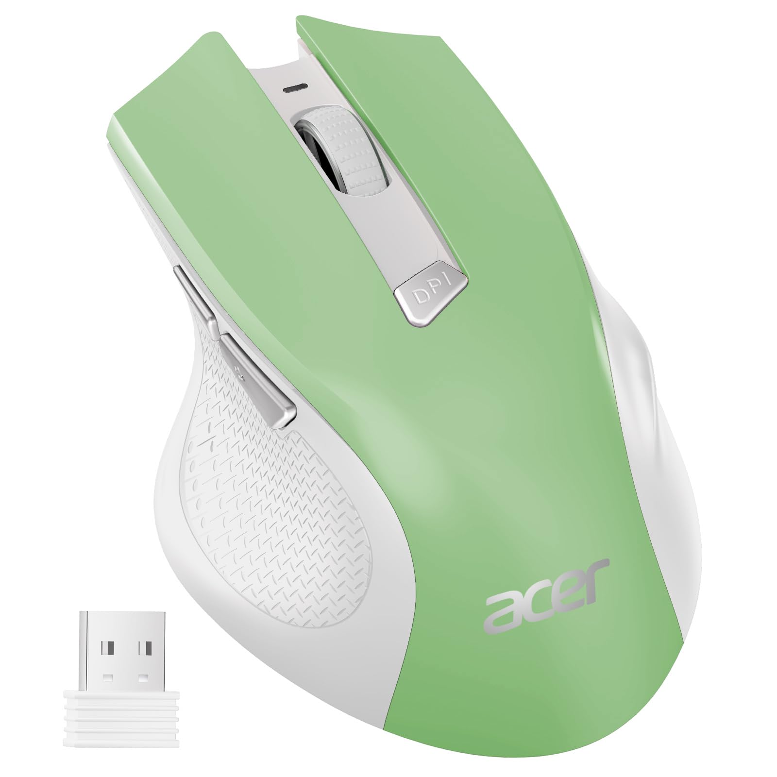 acer Wireless Mouse, 3 Adjustable DPI Ergonomic Computer Mouse 2.4GHz USB Receiver, 6 Buttons, Cordless Optical Tracking, Battery Indicator, Portable Mice Wireless for Laptop, PC, MacBook Pro (Green)