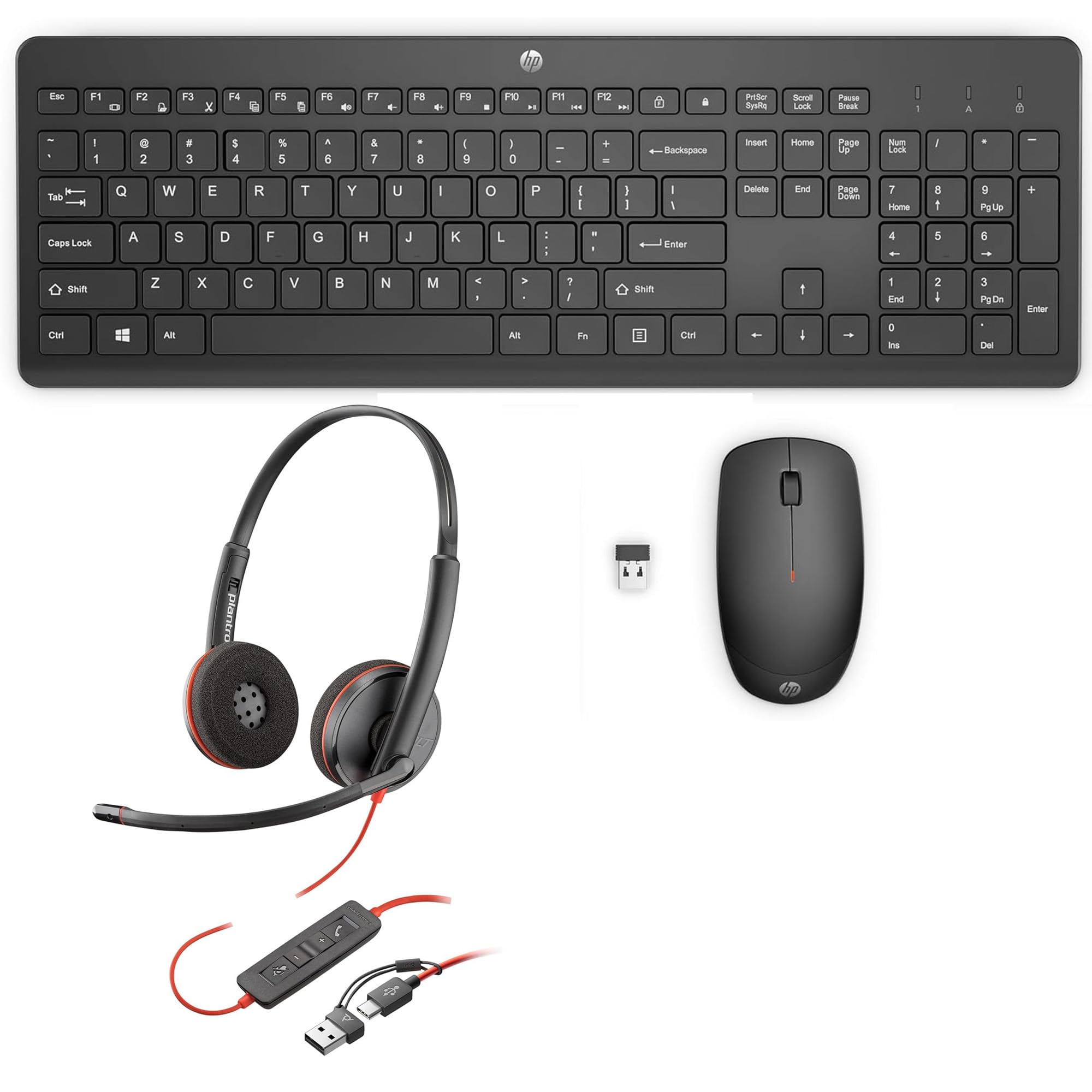 HP Work From Home Bundle - HP 230 Wireless Mouse & Keyboard Combo Black & Poly Blackwire 3220 Wired Headset - Noise Cancelling Mic - Works w/Teams, Zoom